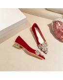 3cm  Thick Low Heels with Rhinestone Beaded Pointed Toe Pumps Red Wedding Shoes for Women 41 42 43