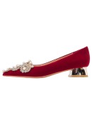 3cm  Thick Low Heels with Rhinestone Beaded Pointed Toe Pumps Red Wedding Shoes for Women 41 42 43