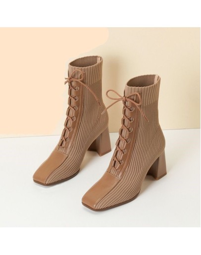 miaoguan  Autumn Winter  Stitching Knitted Elastic Stockings Boots High-heeled Short Boots Women's Square Toe 39