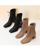 miaoguan  Autumn Winter  Stitching Knitted Elastic Stockings Boots High-heeled Short Boots Women's Square Toe 39