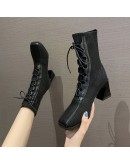 miaoguan  Autumn Winter  Stitching Knitted Elastic Stockings Boots High-heeled Short Boots Women's Square Toe 39