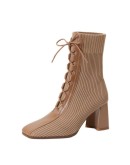 miaoguan  Autumn Winter  Stitching Knitted Elastic Stockings Boots High-heeled Short Boots Women's Square Toe 39