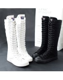 Miaoguan  Spring Autumn Women Canvas Casual Shoes Long Knee High Boots Lace-Up Zipper Comfortable Flat Sneakers Small Size