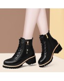 Women Ankle Shoes  Autumn Winter British Style  Leather Thick with Fur Ladies Short Motorcycle Martin Boots Platform