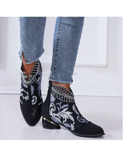 2023  Women Shoes Large Size Vintage Ethnic Style Embroidered with Rhinestones Thick Heels 5cm Women Boot