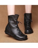 Leather Plush Women Short Boots Retro Style Casual Autumn Winter Trend Woman's Boots Soft Sole Waterproof Leather Warm Snow Boot