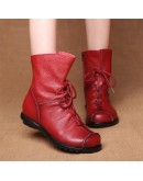 Leather Plush Women Short Boots Retro Style Casual Autumn Winter Trend Woman's Boots Soft Sole Waterproof Leather Warm Snow Boot