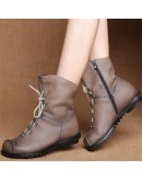 Leather Plush Women Short Boots Retro Style Casual Autumn Winter Trend Woman's Boots Soft Sole Waterproof Leather Warm Snow Boot