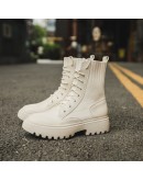 Winter  Round Toe Thick Platform Heels Calf Stretch Fabric Women Shoes Martin Boots