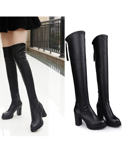 Long Leather Boots Women's Over-the-knee Skinny Boots  Autumn And Winter Long-tube High-heeled Stretch Boots