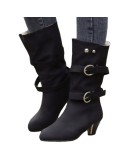 Boots Women Mid Length Boots Thick Heel Mid Heel 43 Large Belt Buckle  Women Shoes Platform Boots  Zapatos De Mujer