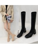 Winter Style with Fleece Medium Chunky Heel Knight Boots Black  Women's High Tube Thinner-looked High Heel Shorty Long Boots