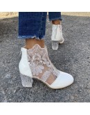 Woman Mesh Black Ankle Boots for Women Summer Square Crystal High Heels Boots Sandal Ladies Sexy Round Toe Lace Boots Autumn