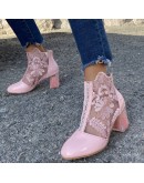 Woman Mesh Black Ankle Boots for Women Summer Square Crystal High Heels Boots Sandal Ladies Sexy Round Toe Lace Boots Autumn