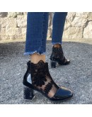 Woman Mesh Black Ankle Boots for Women Summer Square Crystal High Heels Boots Sandal Ladies Sexy Round Toe Lace Boots Autumn