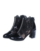 Woman Mesh Black Ankle Boots for Women Summer Square Crystal High Heels Boots Sandal Ladies Sexy Round Toe Lace Boots Autumn