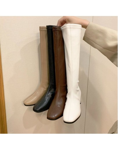  Women Black Block High Heel Long Boots Autumn Winter Warm Knee High Boots Soft Leather Thigh High Boots Shoes Zipper