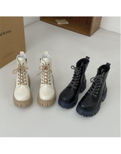 Ankle Boots Women Single High Heel Boots Round Head Lace Up Trendy Thick Sole Thin Boots Small Short Boots Platform Shoes