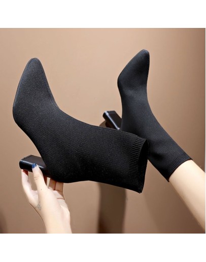 Simple  Stretch Socks Boots Women's High Heels Knit Socks Shoes Skinny Women Pointed Autumn Winter Pointed  Black