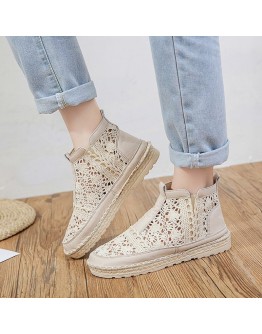 Hollow Out Women Boot Flats Slip-on Solid Ankle Short Boot Round Toe Shoes for Woman Thick-soled British Style Breathable Spring