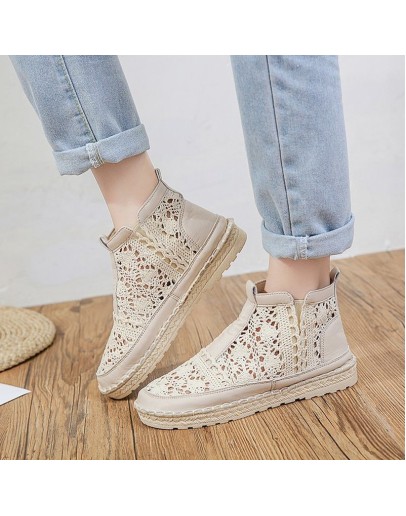 Hollow Out Women Boot Flats Slip-on Solid Ankle Short Boot Round Toe Shoes for Woman Thick-soled British Style Breathable Spring