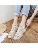 Hollow Out Women Boot Flats Slip-on Solid Ankle Short Boot Round Toe Shoes for Woman Thick-soled British Style Breathable Spring