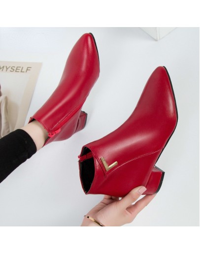   Women Boots Casual Leather Low High Heels Spring Shoes Woman Pointed Toe Rubber Ankle Boots Black Red Zapatos Mujer