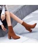 Black Brown Flock Thick Heel Ankle Boots Women's Winter Shoes Nice Elegant High Heel Pointed Toe Keep Warm Short Booties Ladies