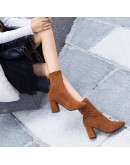 Black Brown Flock Thick Heel Ankle Boots Women's Winter Shoes Nice Elegant High Heel Pointed Toe Keep Warm Short Booties Ladies