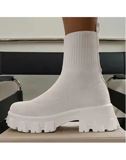 Women Boots Short Knitting Platform Autumn Winter Shoes for Woman Ankle Chelsea Short Boot Heels White Botas Mujer PU Large Size