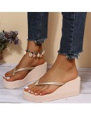 Summer Women Wedge Heels Clip-on Sandals Casual Outer Wear  House Slippers Frosted High-heeled Thick-soled Flip-flops