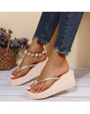 Summer Women Wedge Heels Clip-on Sandals Casual Outer Wear  House Slippers Frosted High-heeled Thick-soled Flip-flops