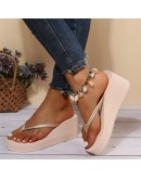 Summer Women Wedge Heels Clip-on Sandals Casual Outer Wear  House Slippers Frosted High-heeled Thick-soled Flip-flops