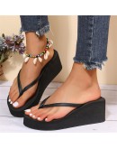 Summer Women Wedge Heels Clip-on Sandals Casual Outer Wear  House Slippers Frosted High-heeled Thick-soled Flip-flops