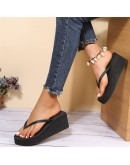 Summer Women Wedge Heels Clip-on Sandals Casual Outer Wear  House Slippers Frosted High-heeled Thick-soled Flip-flops