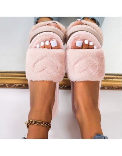  Women Slippers Casual Shoes Breathable Outdoor Pure Color Love Heart Plush Slippers Bedroom Non-slip Soft Floor Shoes